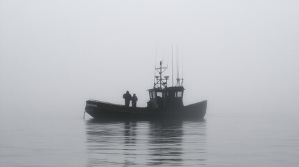 Naklejka premium Foggy sea, fishing boat, crew, calm water, nautical