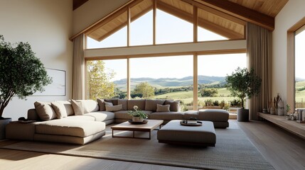 Fototapeta premium Modern country ranch house living room with large window and comfortable couch in bright interior space