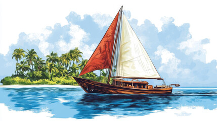 Fototapeta premium Old sailboat floating on calm blue water of sea or ocean near tropical island with palm trees. Cartoon marine sunny landscape with vessel in harbor. Ship with wooden deck and stamp, red canvas sails.