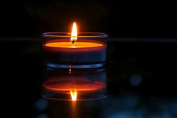 Burning Candle In Dark With Reflection
