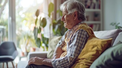 In pain from overeating, a man rests on the sofa, dealing with stomach discomfort caused by food poisoning.