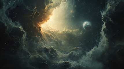 Fototapeta premium Space galaxy background with realistic planets, stars and nebula clouds in dark sky. Far universe, fantasy celestial heaven, cosmic landscape, panoramic infinity with stardust, 3d vector illustration