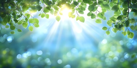 Gentle rays of sun filtering through a canopy of blurred green leaves, framed by a serene blue sky and glowing bokeh.