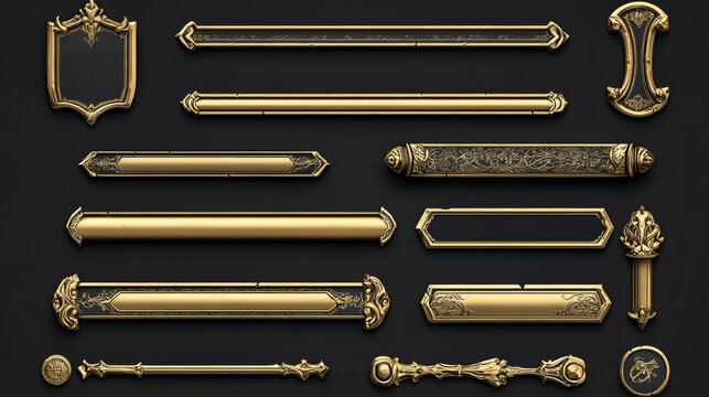 Medieval buttons, ui game menu elements, gold metal oblong banners and ornate rims. Empty royal gui bars for rpg or arcade, ranking borders, web design interface Cartoon 3d vector illustration, set