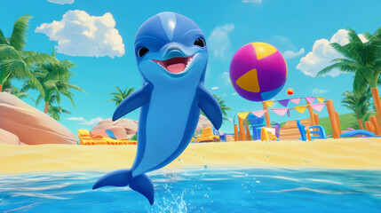 Cute dolphin character set in playful poses - performing tricks with beach ball, jumping through pink ring, splashing in water. Cartoon marine mammal in bright blue color with cheerful expressions.