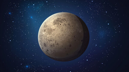 Obraz premium Planet Mercury cartoon vector illustration. Spherical planet with gray illuminated surface with craters and relief isolated on dark blue cosmic background