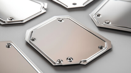 Steel metal tag plate of rectangular, square and hexagon shape with rivets. Realistic vector set of blank aluminum nameplates or boards with screws. Chrome surface empty plaque or frame mockup.