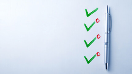 Checklist with green check marks and pen on white background, symbolizing organization and planning.