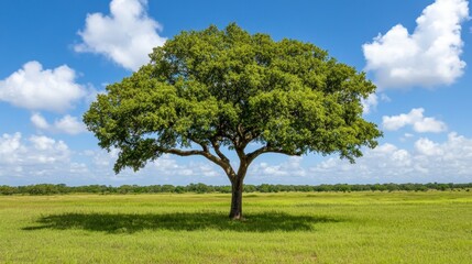 Obraz premium Lone Green Tree in a Vast Grassy Field Under Bright Blue Sky with Fluffy White Clouds