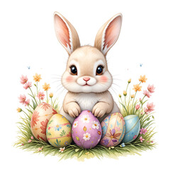 easter bunny on contryside with decorated eggs