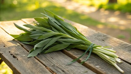 Fresh Tarragon Herb Bundle on Wooden Table, Perfect for Culinary Use