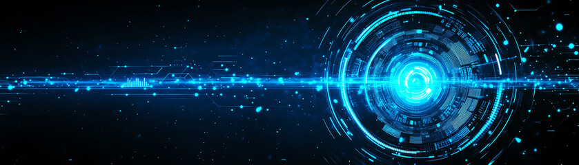 Obraz premium Futuristic blue digital interface with glowing lines and circular design, symbolizing innovation and connectivity.