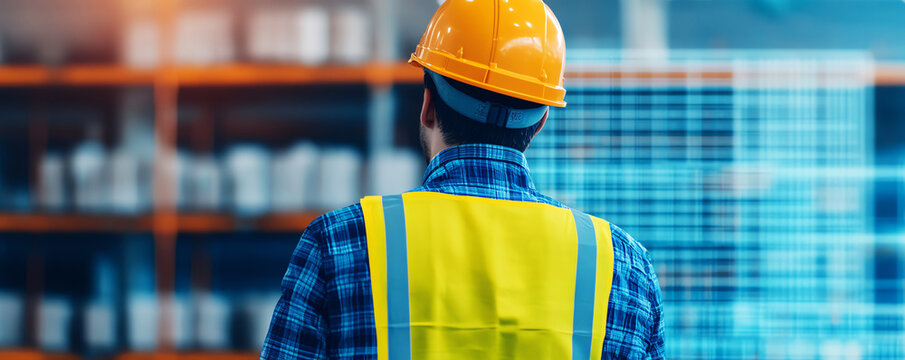 Engineer in warehouse, wearing hard hat and safety vest, focusing on inventory management and logistics. - Powered by Adobe