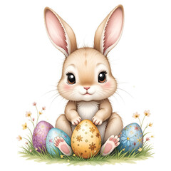easter bunny on contryside with decorated eggs