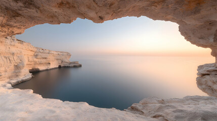 Coastal cave sunrise seascape; tranquil ocean view