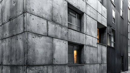 Modern concrete building, city alley, window light, urban architecture, design