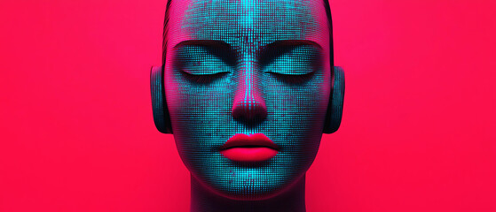 Futuristic mannequin with pink and blue lighting, symbolizing technology and innovation.