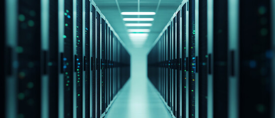 Modern data center with rows of servers in hallway, glowing with blue lights, showcasing advanced infrastructure.