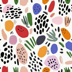 Fototapeta premium seamless pattern featuring colorful abstract shapes and organic doodles white background, creating playful and artistic design. pattern includes various colors like orange, blue, green, and pink