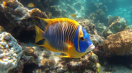 Majestic Angelfish in its underwater kingdom, swimming near coral reefs with vivid colors and intricate patterns