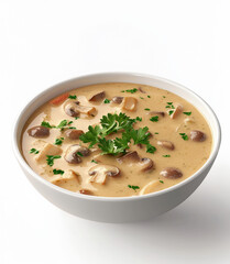 Fototapeta premium Creamy mushroom soup in bowl, garnished with parsley and mushrooms, looks delicious and inviting