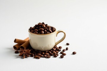 Aromatic Coffee Beans in a Ceramic Cup with Cinnamon Sticks and Star Anise