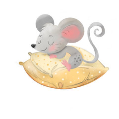Sleeping mouse on a pillow Illustration on transparent background in digital-art style with soft...