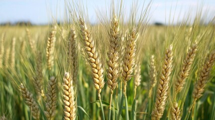 Golden wheat field under sunny sky; agriculture harvest