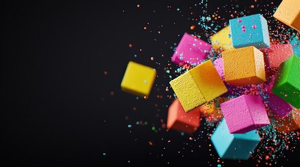 Colorful Cubes Exploding Against Dark Background