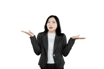 Confused Businesswoman Shrugging with Uncertain Expression in Formal Attire on White Background