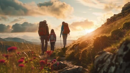 Obraz premium The family makes their way up the trail, backpacks and walking sticks in hand, soaking in the beauty of the mountain vista.