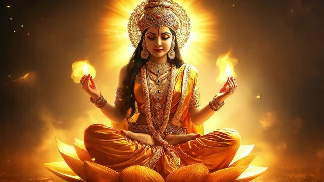 depicts the Hindu goddess Laxmi, who is a symbol of riches and success, sitting on a lotus with a heavenly feel.