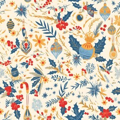Fototapeta premium Seamless pattern of delicate Christmas-themed folk art on a light background