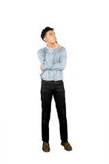 Thoughtful Young Man Holding Pen and Looking Up in Deep Thinking