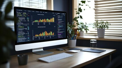 Modern Home Office Workspace with Data Charts on Computer Screen