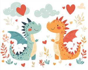 Charming illustration of dragons dancing in a bright sky for kids' use.