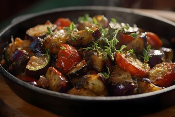 Traditional French ratatouille in cast iron pan on rustic wooden table