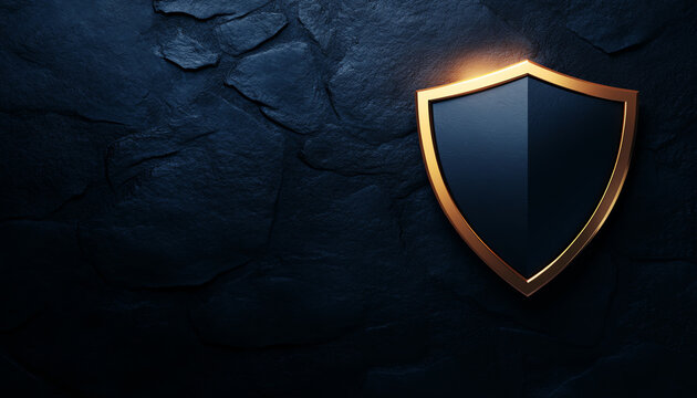 Golden shield on textured dark wall signifies security and protection in the digital era.