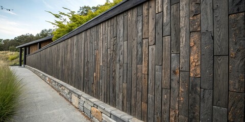 A wooden fence with a stone wall on the side