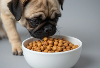 A beige pug eats dry kibble from a white bowl on a light gray background. Dry dog food advertisement.