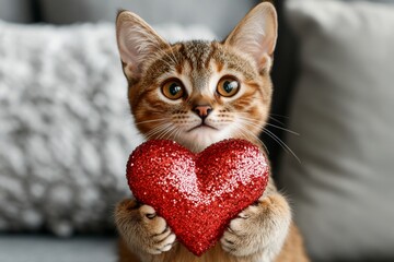 Cute chausie baby feline with sparkling rhinestones red heart at cozy domicile. Chausie - my desired cat, symbol of care. Commercial companion conceptual art. Love and whiskers. Love and fur.