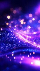 Vibrant purple and blue abstract light waves and bokeh create dynamic cosmic backdrop with sparkling effects.