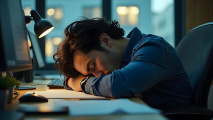 Businessman, worker, sitting and sleep, stressed or headache from working at a work desk, showing exhaustion from work, background blur office.