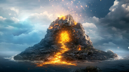 Magic portal on rocky island landscape. Vector cartoon illustration of stone arch on mountain platform, hot lava on ground, burning sparkles glowing in tunnel, road to hell, adventure game background