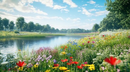 Fototapeta premium vibrant floral paradise meets the beauty of shimmering clear waters image