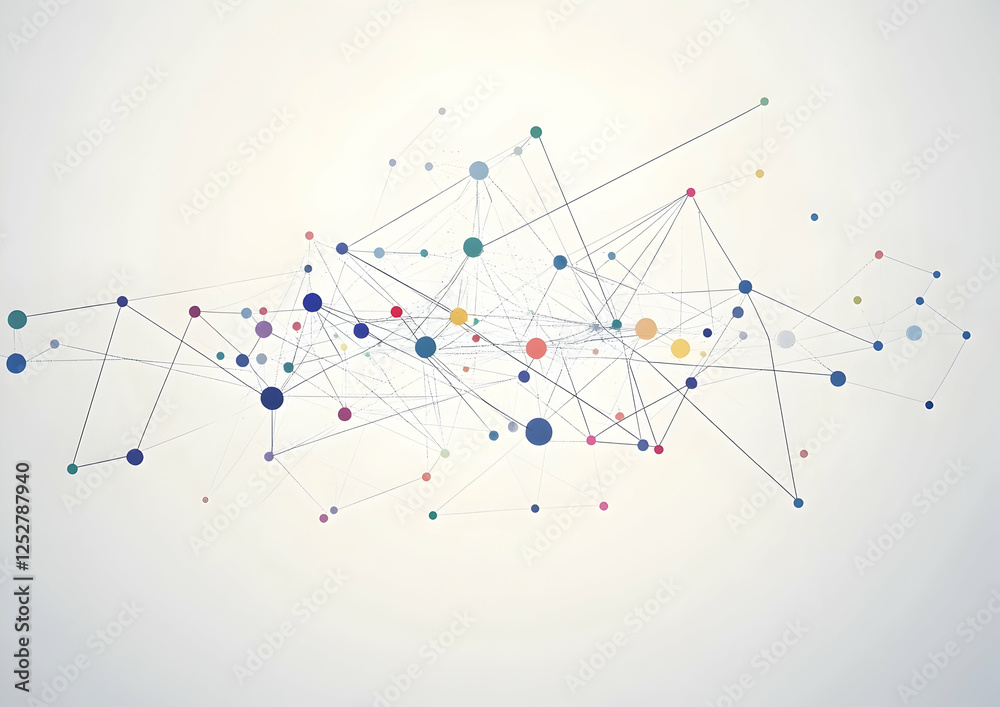Poster a simple vector graphic of interconnected nodes with colored dots on a white background