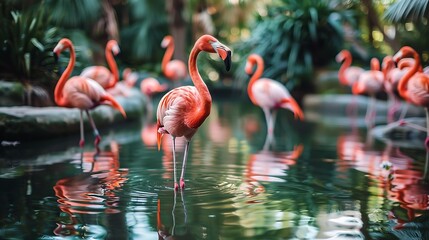 Fototapeta premium Group of Pink Flamingos Standing in Water with Lush Greenery