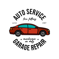 Car service emblem. Original vector illustration in vintage style. T-shirt design.