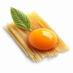 Egg yolk on pasta with basil. Food recipe ingredient