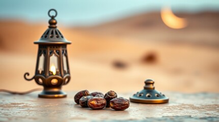 Obraz premium Dates Lantern Desert Sunset Ramadan Photography